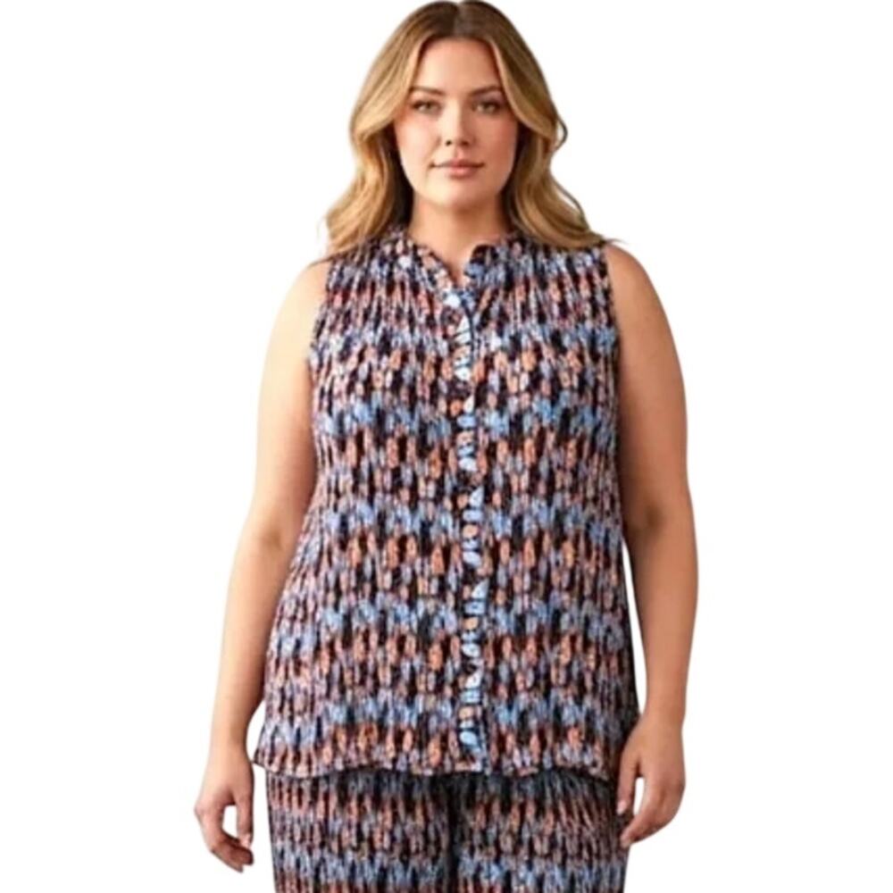 Wildfang Empower Plisse Button Up Pleated Sleeveless Blouse, Plus Size 1X, NWT